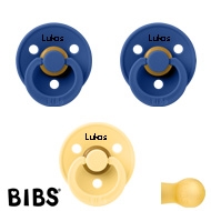 BIBS Colour Schnuller mit Namen, Gr. 2, 2 Cornflower, 1 Pale Butter, Rund Latex, (3er Pack)